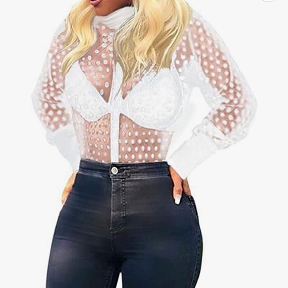 🌟BUTTON Down Shirt Polka Dots Sheer See Through Long Sleeve Blouse🌟 - Picture 1 of 8